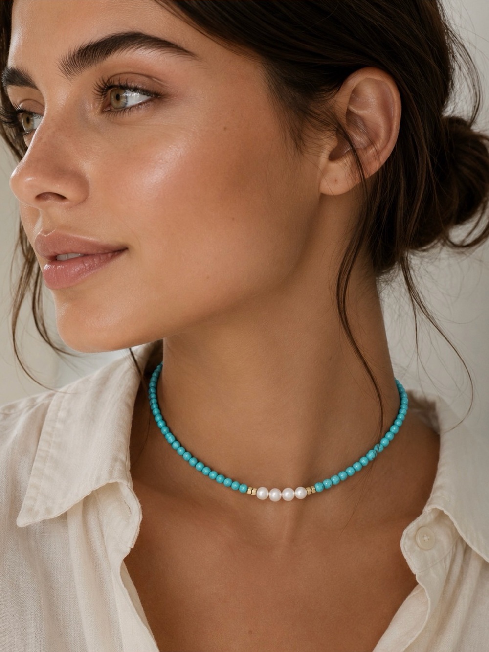 Turquoise Beaded Necklace With Freshwater Pearl and Gold Accents NEW